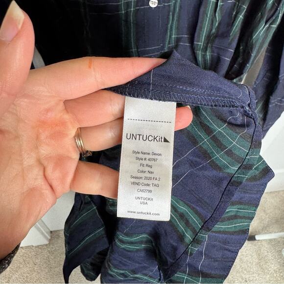 Untuckit Devon Navy Blue Plaid Print Button Down Waist Tie Shirt Dress Size 10 - Picture 5 of 7